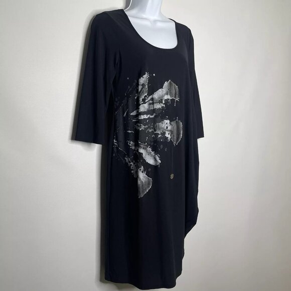 MC Planet by Innate Black Flash Dress Asymmetric Draped Abstract Floral - Picture 3 of 9